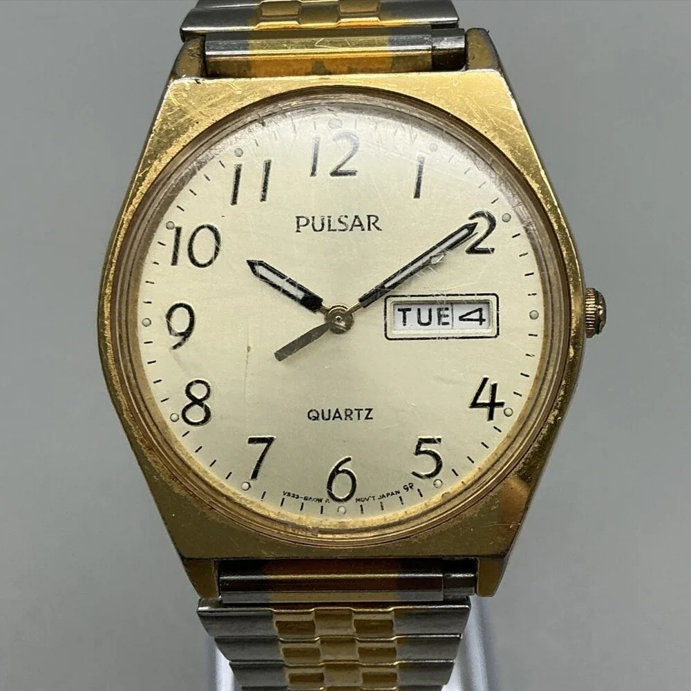 Vintage Pulsar Mens Watch 34mm V533-8A70 Two Tone Day Date Stretch New Battery